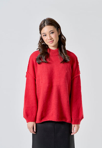 Clint Red Knitted Crew Neck Drop Shoulder 3/4 Sleeve Pullover Sweater