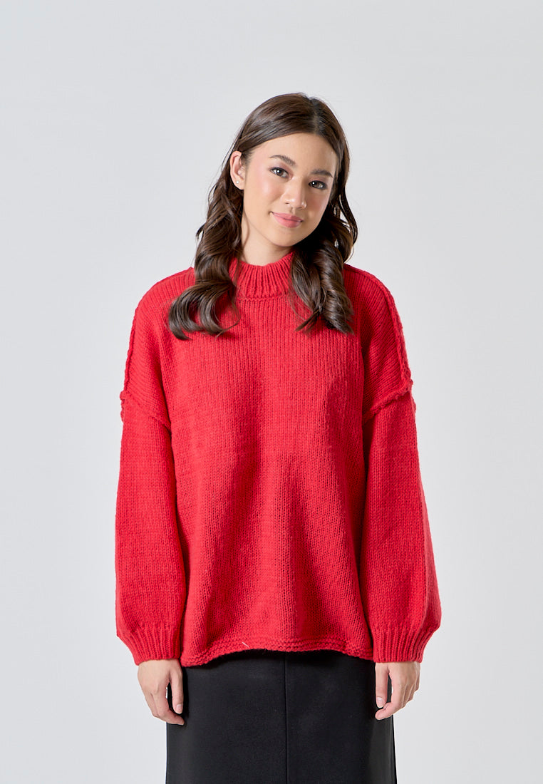 Clint Red Knitted Crew Neck Drop Shoulder 3/4 Sleeve Pullover Sweater