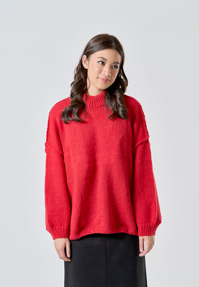 Clint Red Knitted Crew Neck Drop Shoulder 3/4 Sleeve Pullover Sweater