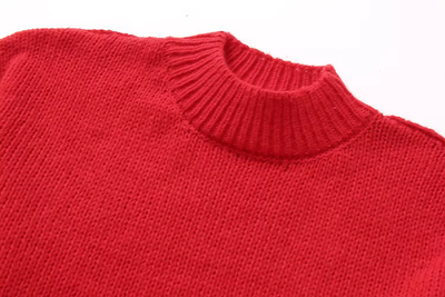 Clint Red Knitted Crew Neck Drop Shoulder 3/4 Sleeve Pullover Sweater