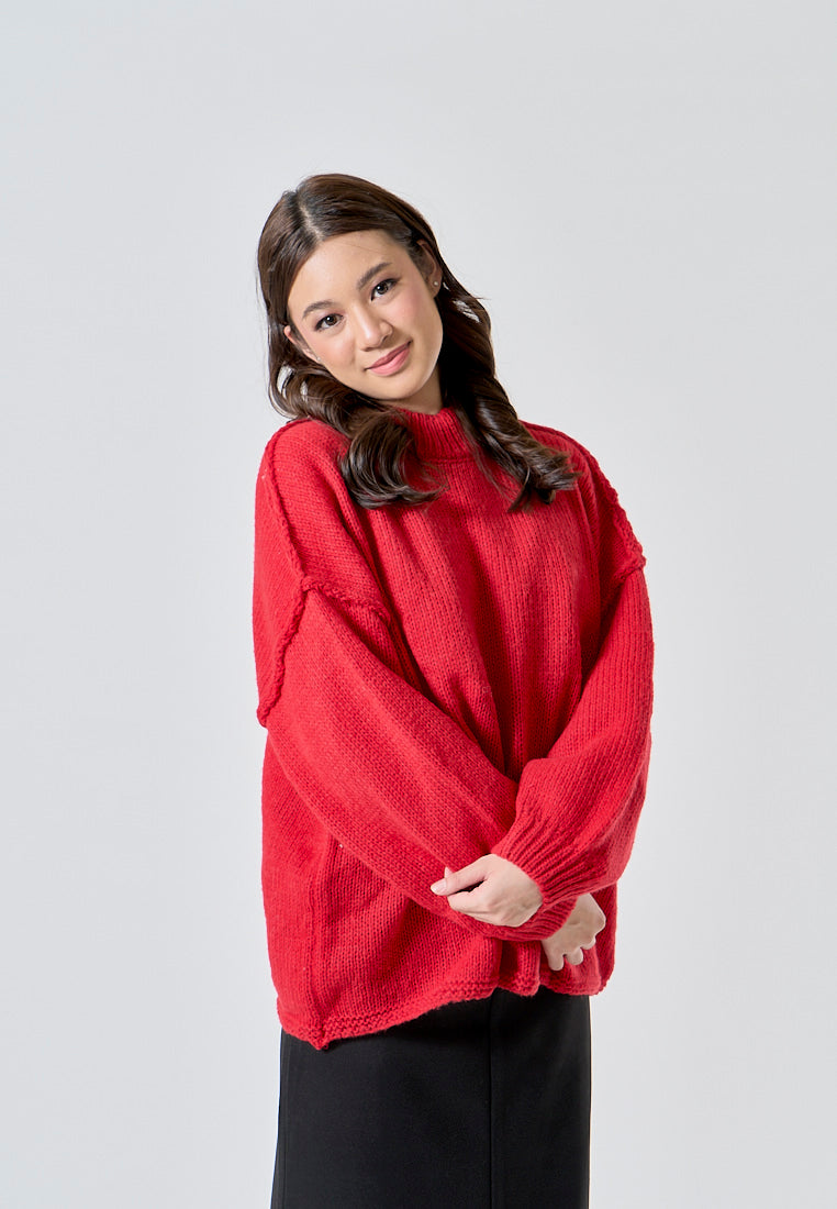 Clint Red Knitted Crew Neck Drop Shoulder 3/4 Sleeve Pullover Sweater