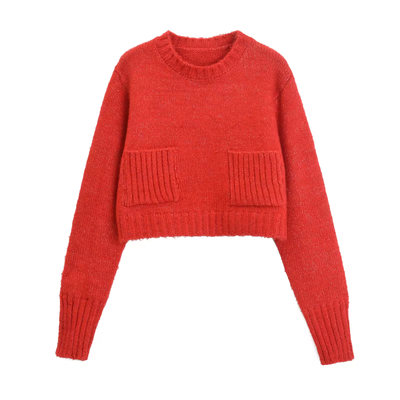 Cole Cherry Red Knitted Crew Neck Front Pockets Long Sleeves Pullover Sweater