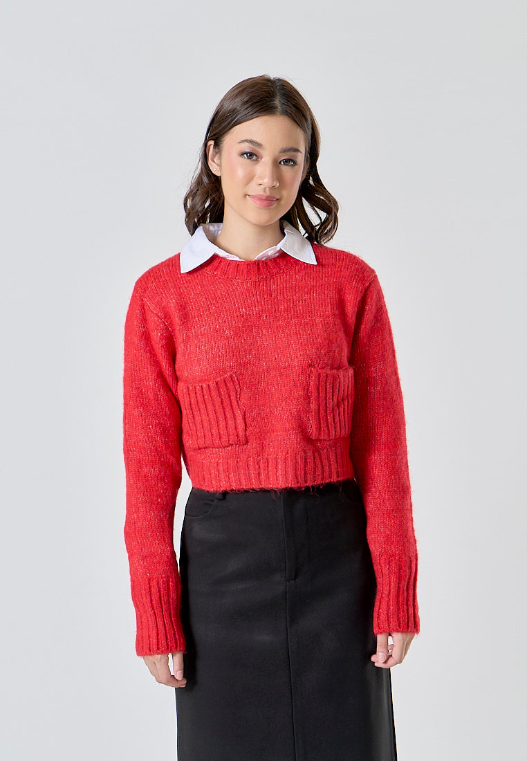 Cole Cherry Red Knitted Crew Neck Front Pockets Long Sleeves Pullover Sweater