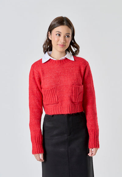 Cole Cherry Red Knitted Crew Neck Front Pockets Long Sleeves Pullover Sweater