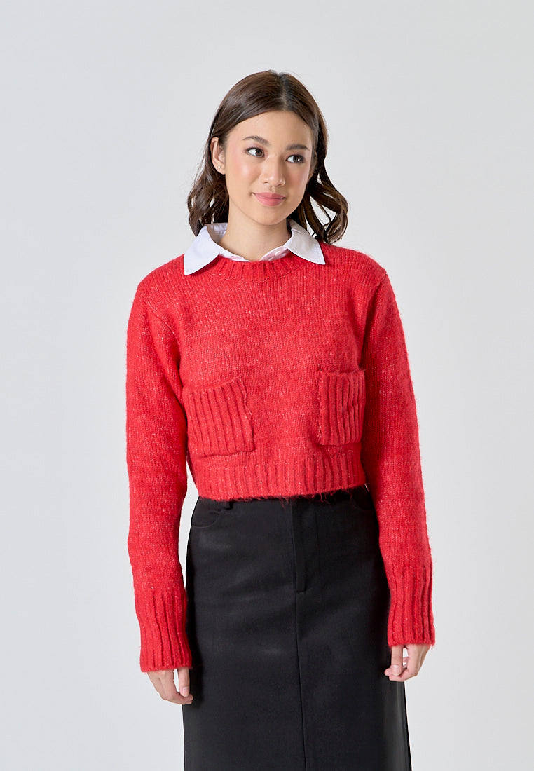 Cole Cherry Red Knitted Crew Neck Front Pockets Long Sleeves Pullover Sweater