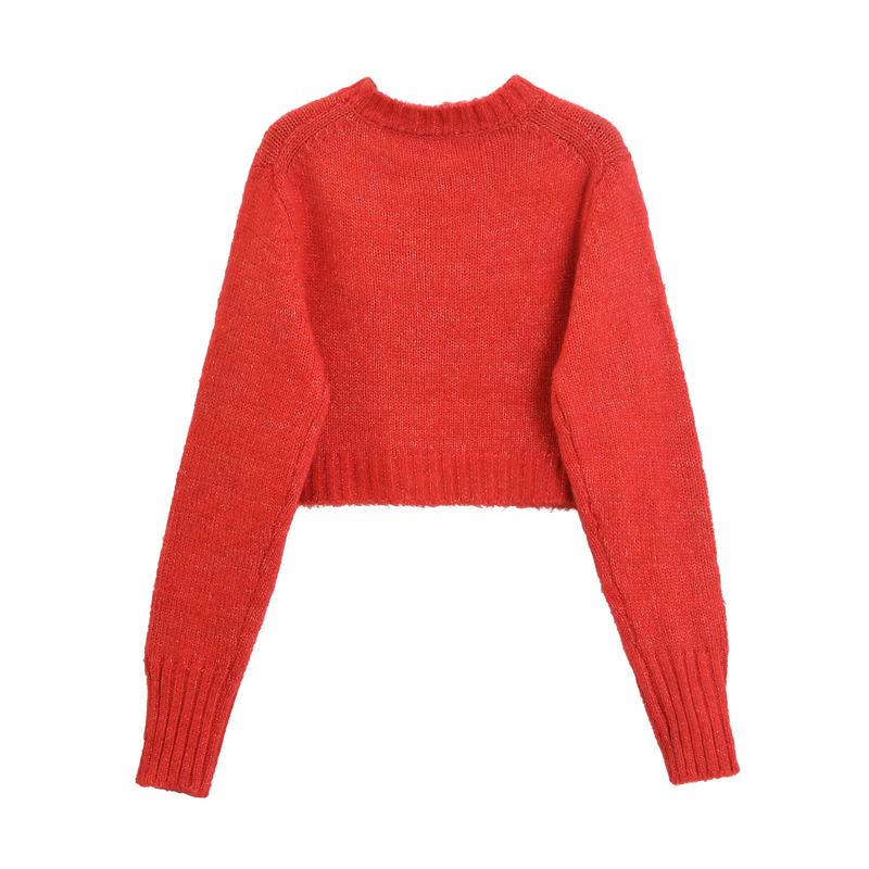 Cole Cherry Red Knitted Crew Neck Front Pockets Long Sleeves Pullover Sweater