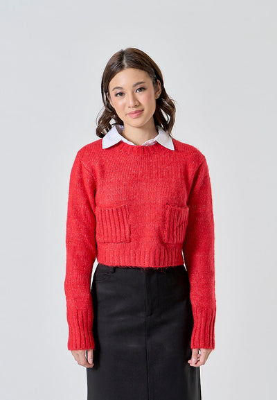 Cole Cherry Red Knitted Crew Neck Front Pockets Long Sleeves Pullover Sweater