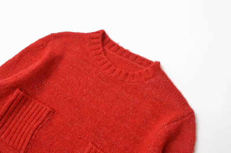 Cole Cherry Red Knitted Crew Neck Front Pockets Long Sleeves Pullover Sweater