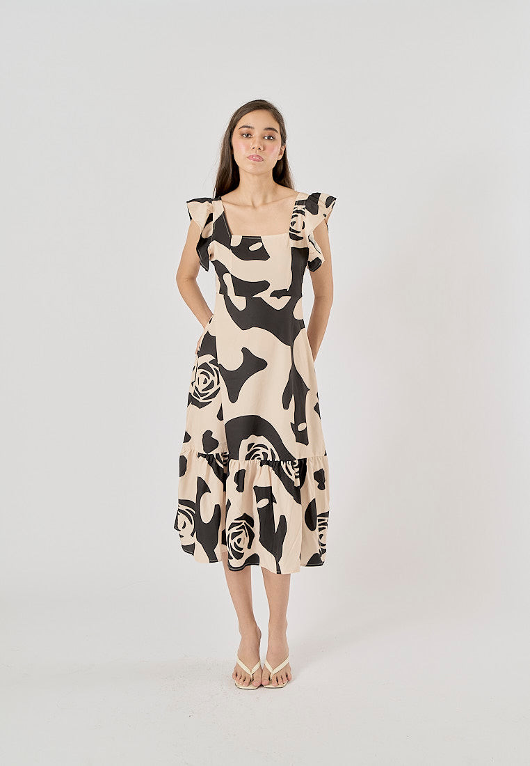 Emrys Beige Floral Print Square Collar Back Lace Up Midi Dress