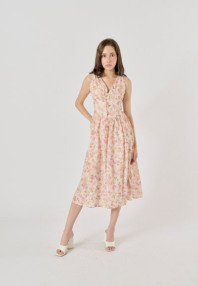 Vanora Floral Print Front Lace up Midi Dress