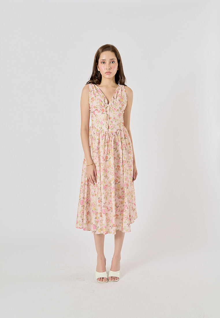 Vanora Floral Print Front Lace up Midi Dress