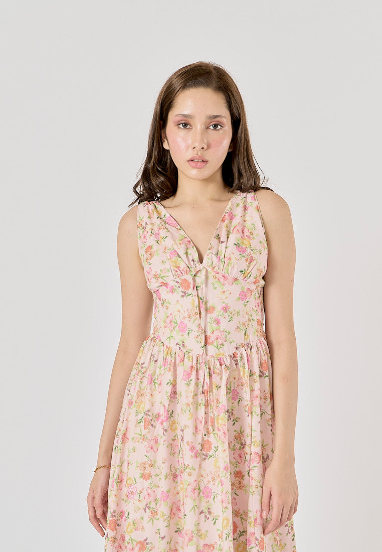 Vanora Floral Print Front Lace up Midi Dress