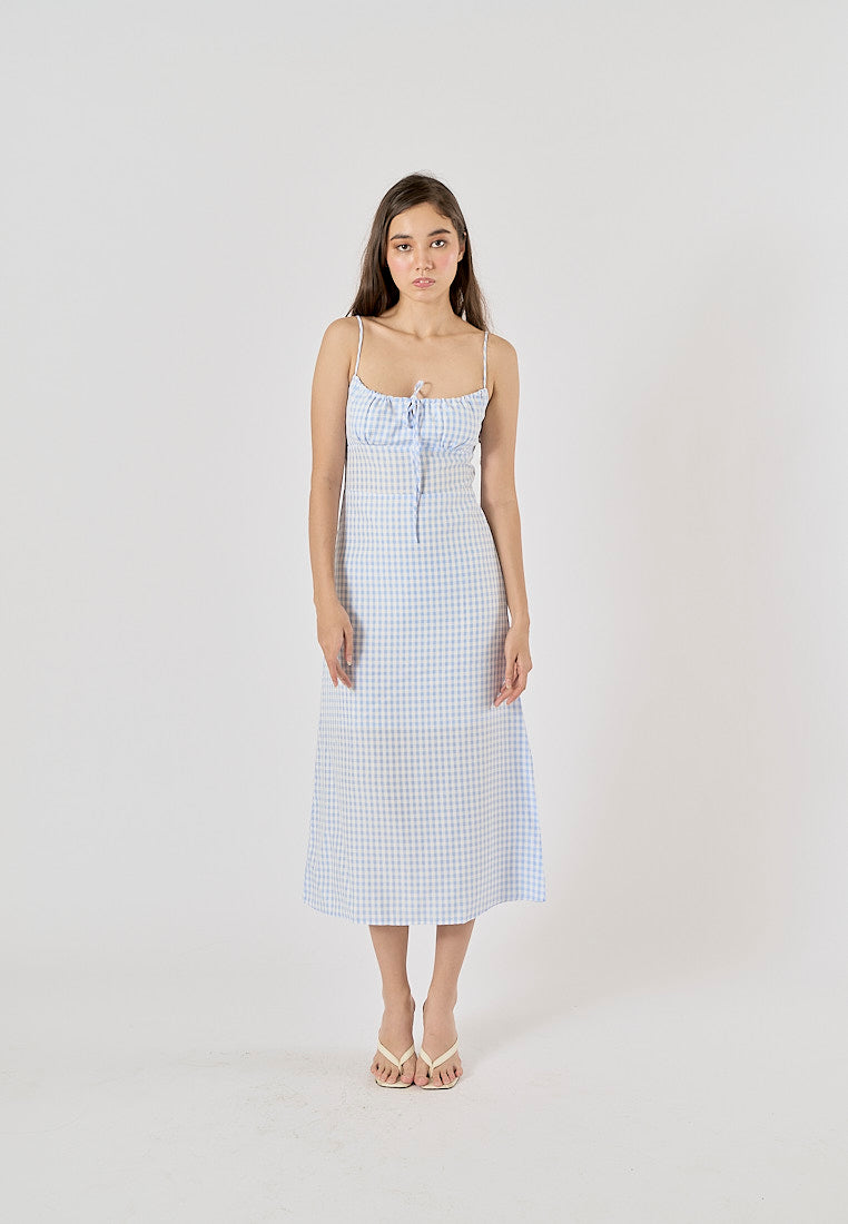 Santal Powder Blue Gingham Print Ruched Bust Midi dress