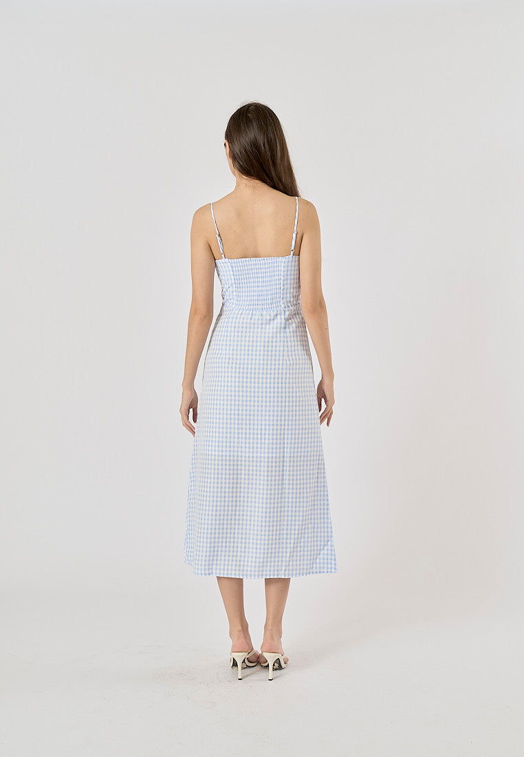 Santal Powder Blue Gingham Print Ruched Bust Midi dress