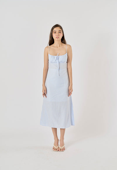 Santal Powder Blue Gingham Print Ruched Bust Midi dress