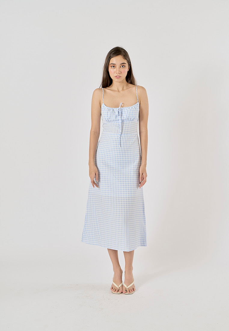 Santal Powder Blue Gingham Print Ruched Bust Midi dress