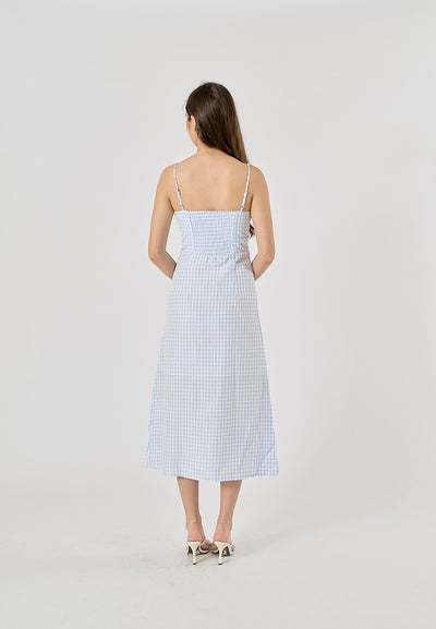 Santal Powder Blue Gingham Print Ruched Bust Midi dress