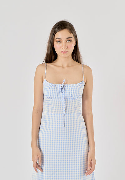 Santal Powder Blue Gingham Print Ruched Bust Midi dress