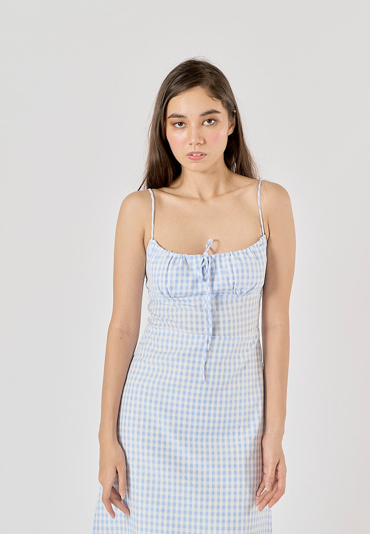 Santal Powder Blue Gingham Print Ruched Bust Midi dress