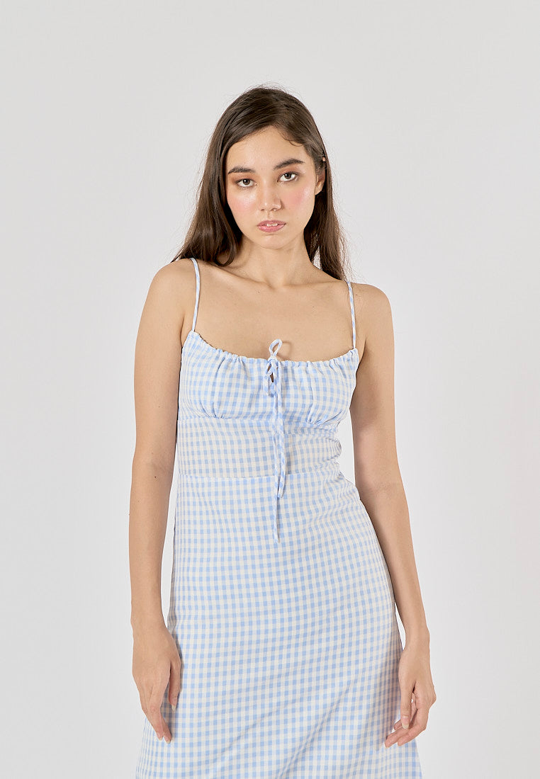 Santal Powder Blue Gingham Print Ruched Bust Midi dress