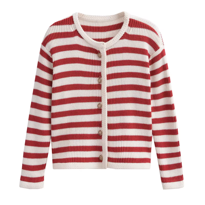 Chance Red Stripes Knitted Crew Neck Single Breasted Buttondown Long Sleeves Cardigan