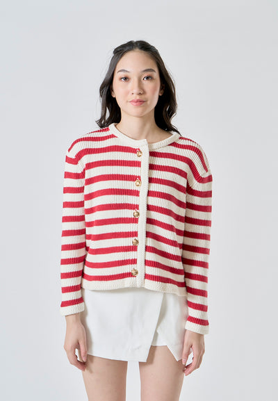Chance Red Stripes Knitted Crew Neck Single Breasted Buttondown Long Sleeves Cardigan