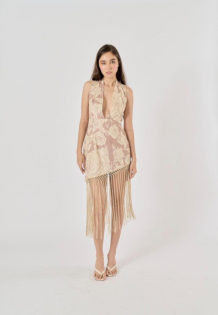 Coachella Nude Floral Print Bottom Tassel Mini Dress