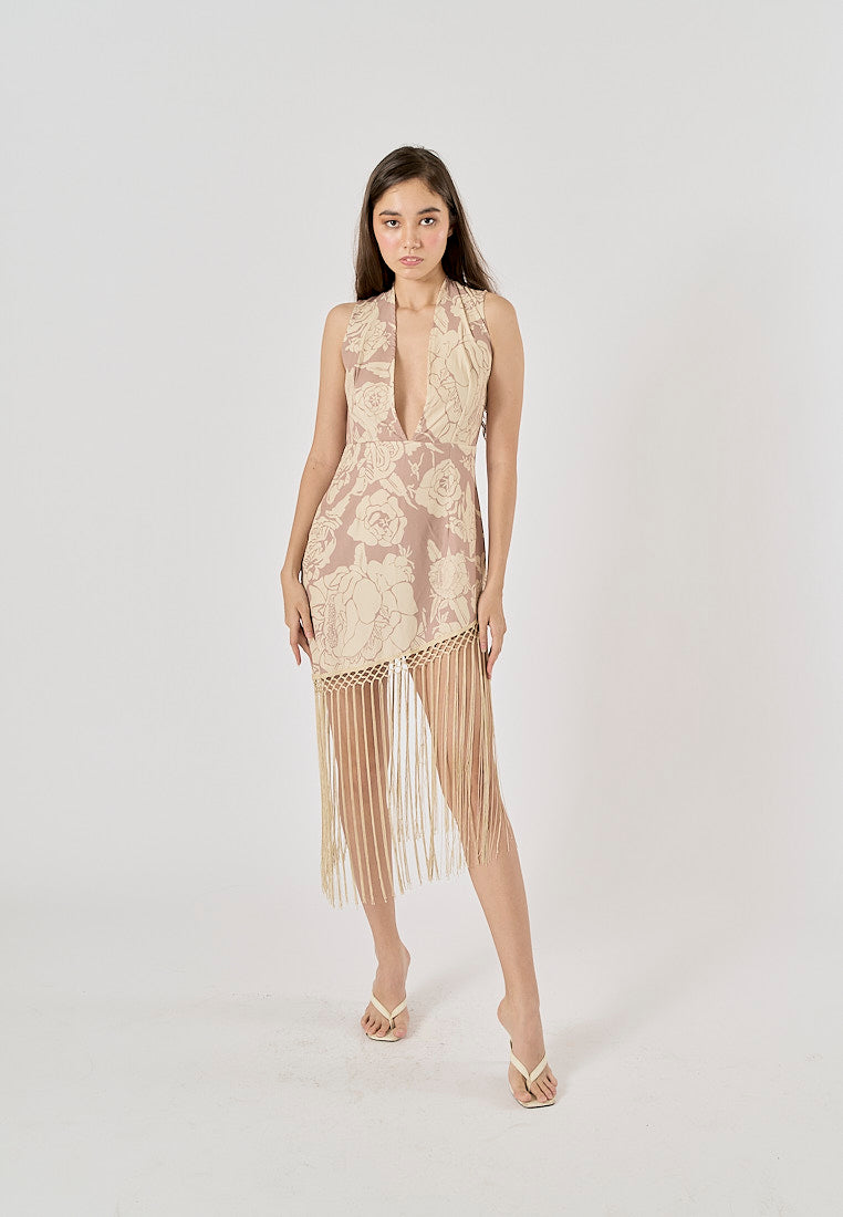 Coachella Nude Floral Print Bottom Tassel Mini Dress