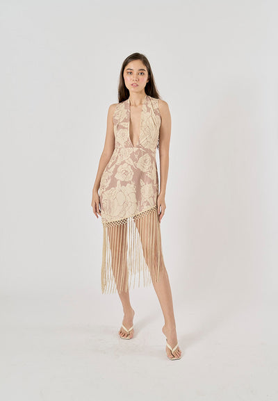 Coachella Nude Floral Print Bottom Tassel Mini Dress