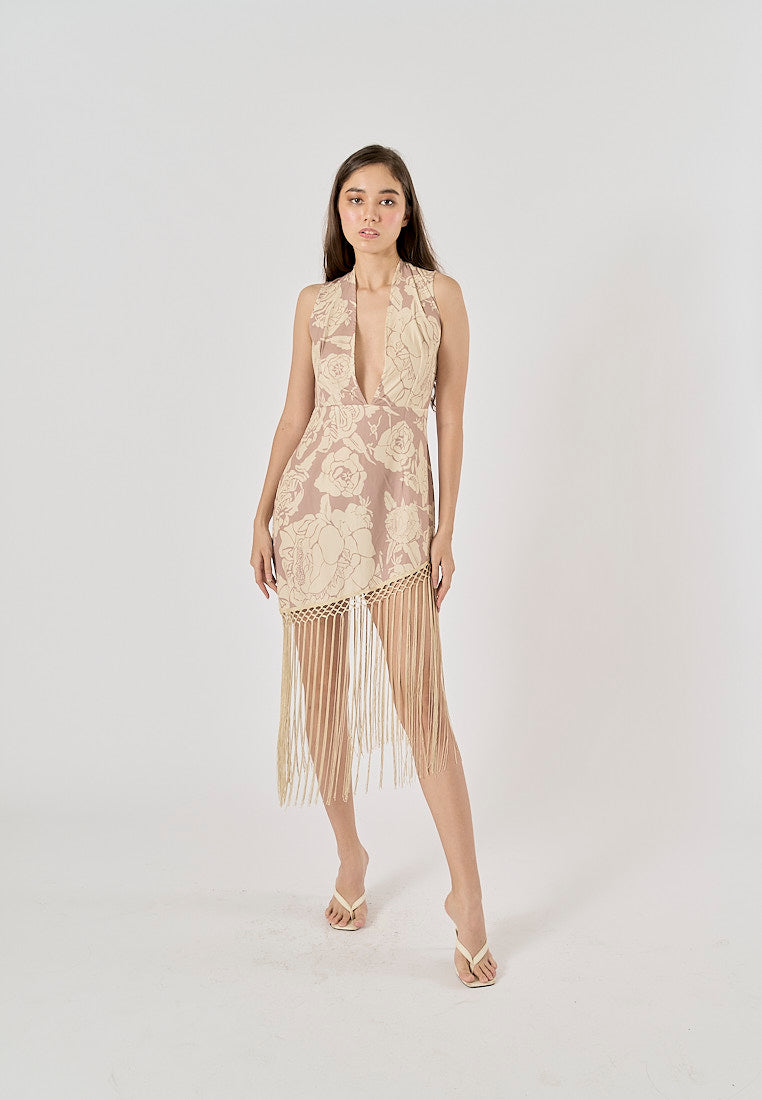 Coachella Nude Floral Print Bottom Tassel Mini Dress