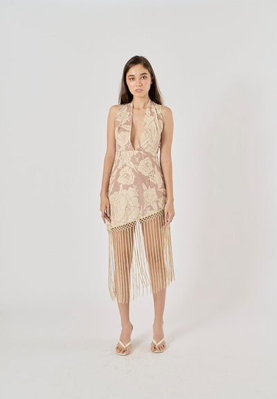 Coachella Nude Floral Print Bottom Tassel Mini Dress