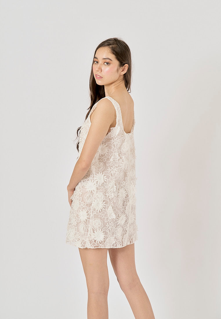 Palmarosa White Floral Embroidery Mini Dress