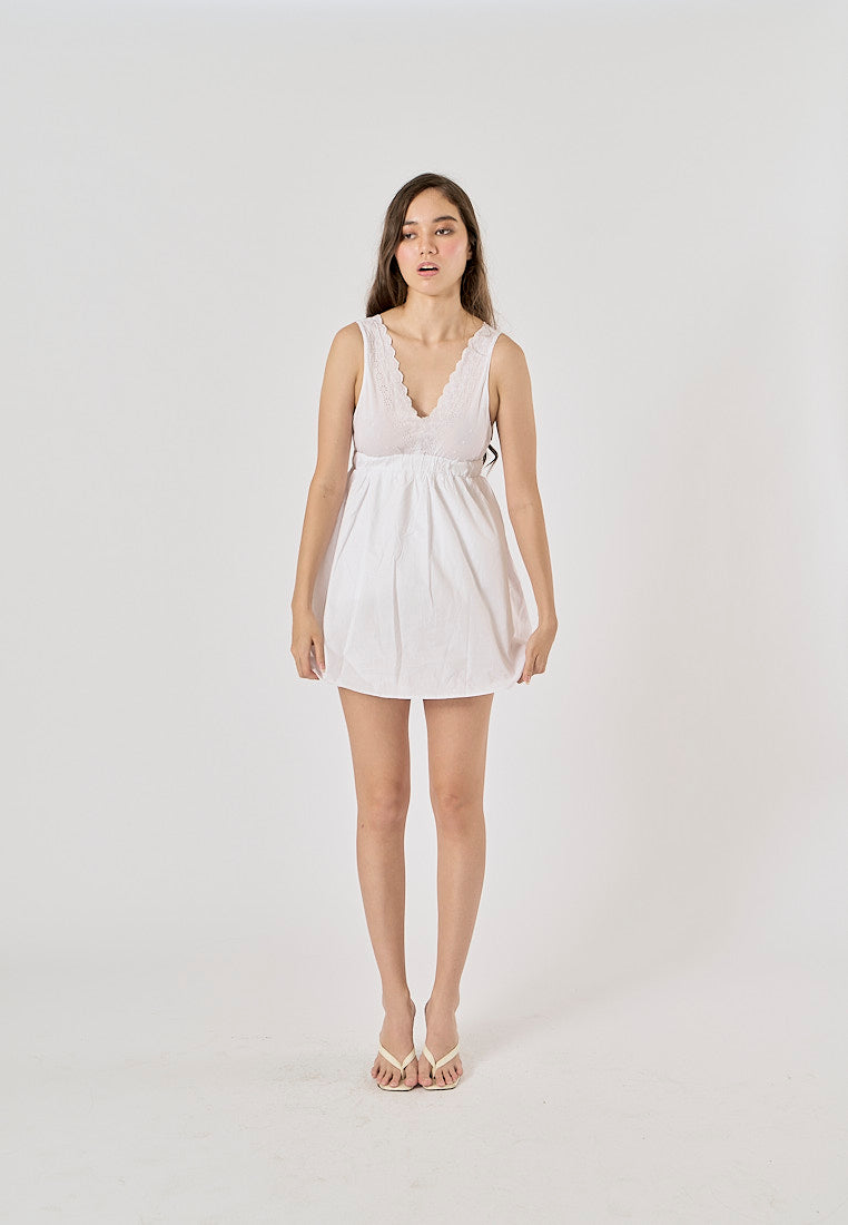 Bare White V - Neck  Embroided Panel Mini Dress