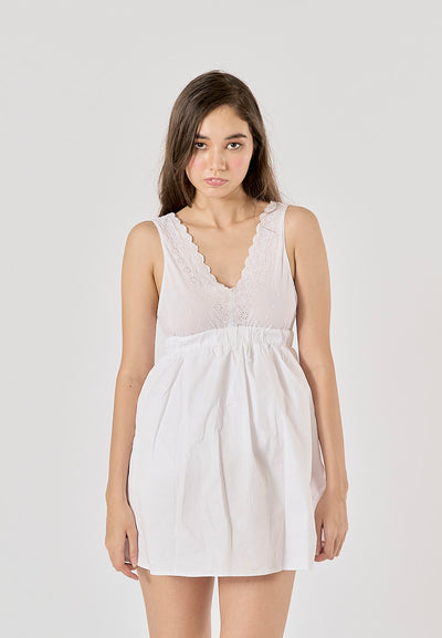 Bare White V - Neck  Embroided Panel Mini Dress