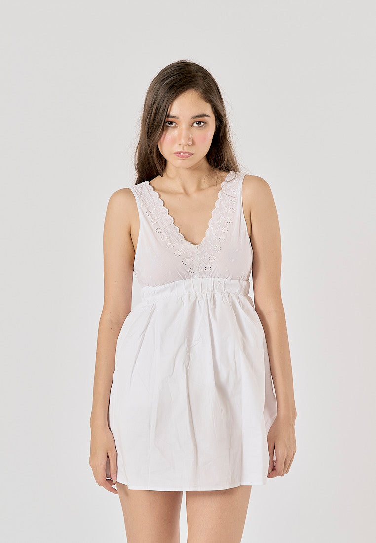 Bare White V - Neck  Embroided Panel Mini Dress