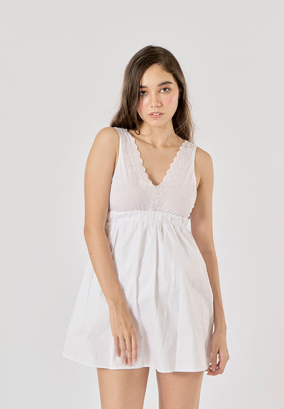 Bare White V - Neck  Embroided Panel Mini Dress