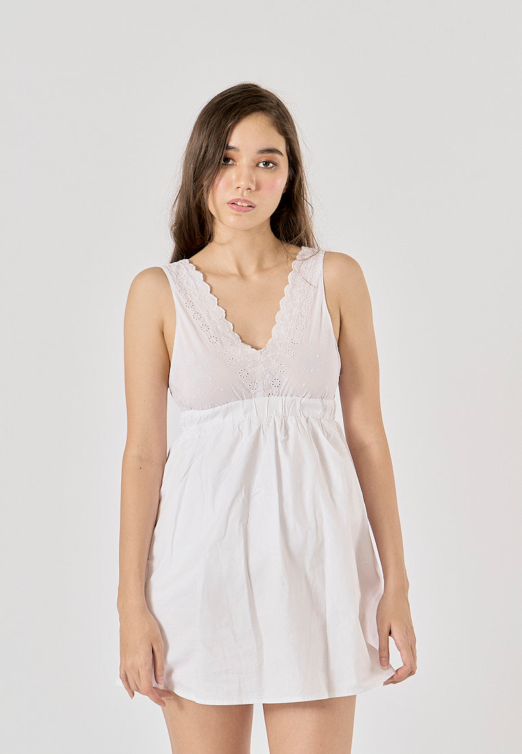 Bare White V - Neck  Embroided Panel Mini Dress