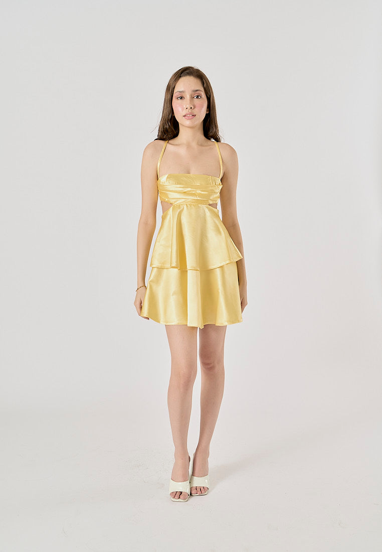 Shianna Pastel Yellow Back Hollow Out Mini Layered Dress