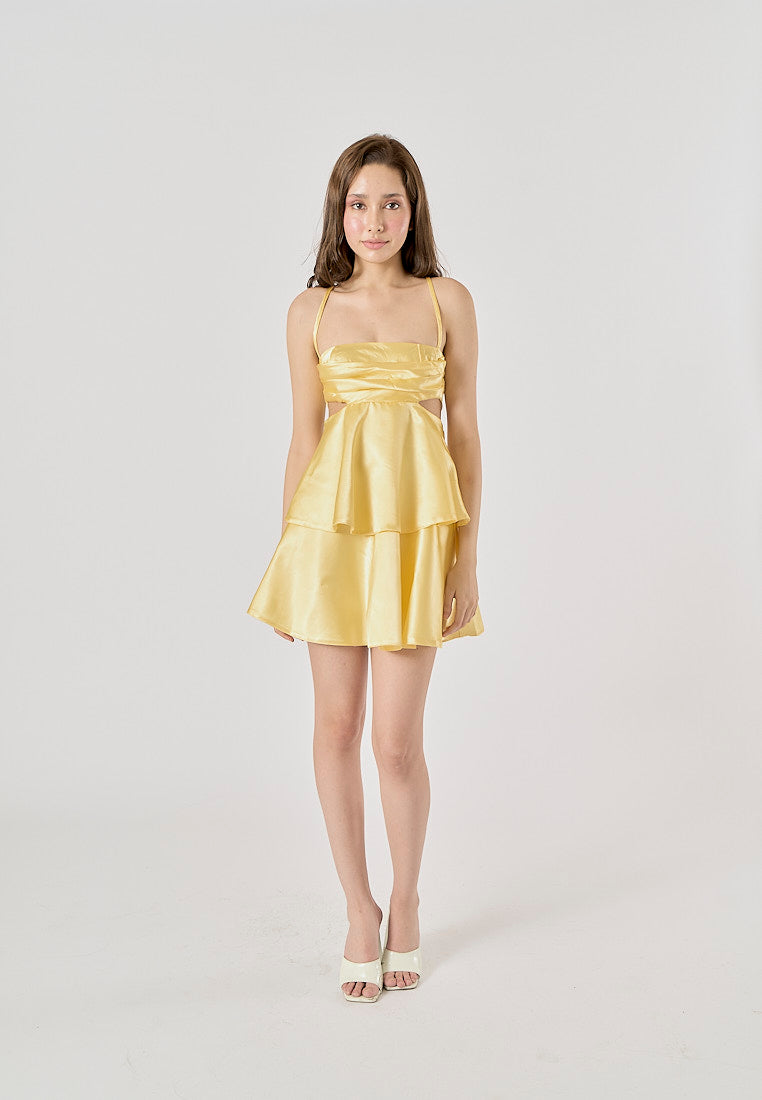 Shianna Pastel Yellow Back Hollow Out Mini Layered Dress