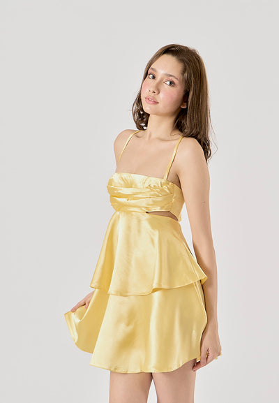 Shianna Pastel Yellow Back Hollow Out Mini Layered Dress