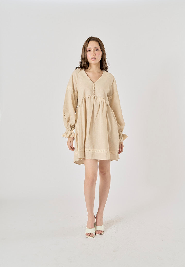 Avenell Beige V Neck Lantern Sleeve Lace Trimming Linen Mini Dress