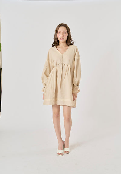 Avenell Beige V Neck Lantern Sleeve Lace Trimming Linen Mini Dress