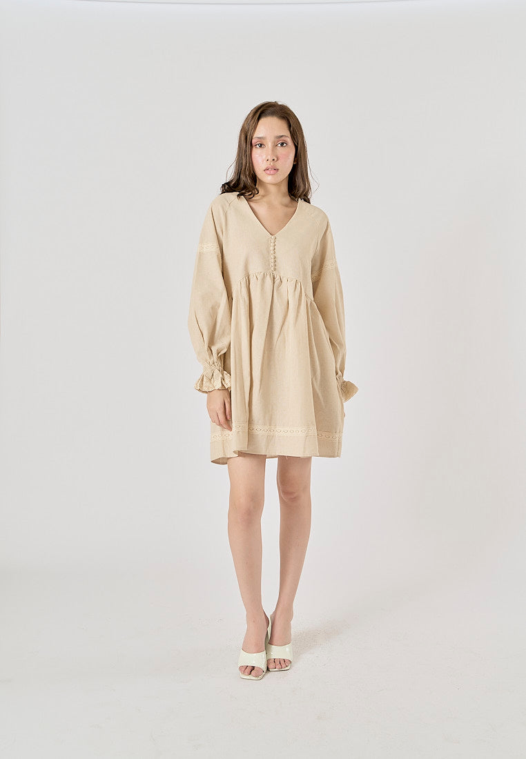 Avenell Beige V Neck Lantern Sleeve Lace Trimming Linen Mini Dress