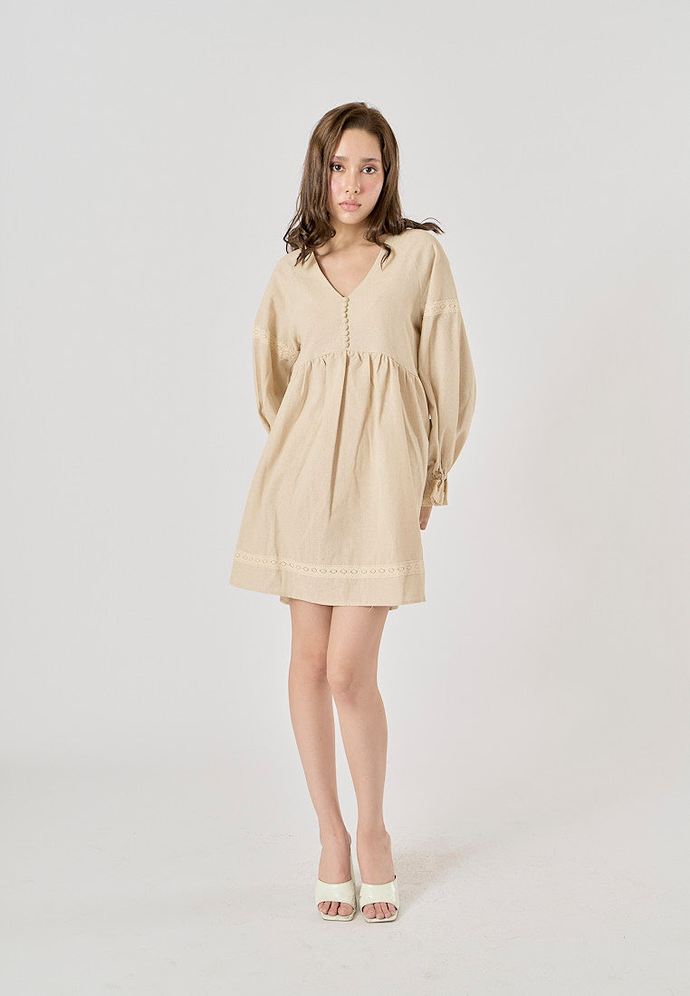 Avenell Beige V Neck Lantern Sleeve Lace Trimming Linen Mini Dress