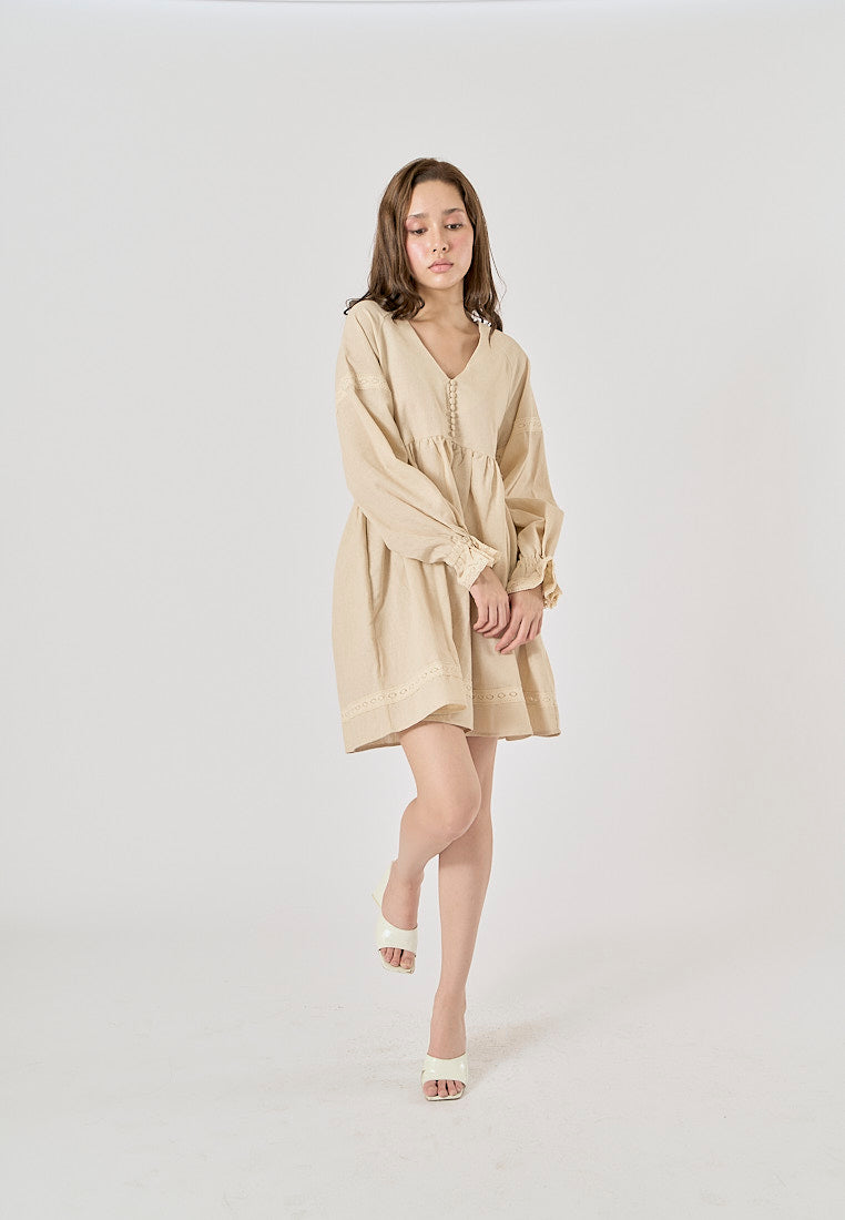 Avenell Beige V Neck Lantern Sleeve Lace Trimming Linen Mini Dress