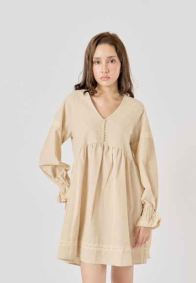 Avenell Beige V Neck Lantern Sleeve Lace Trimming Linen Mini Dress