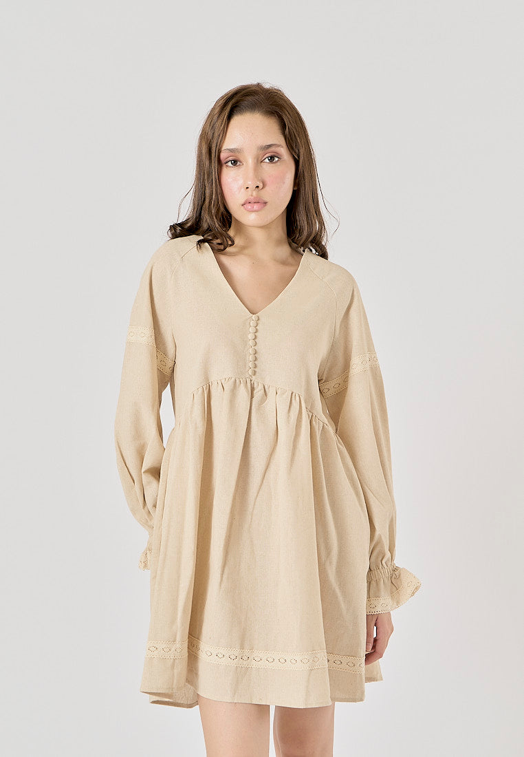 Avenell Beige V Neck Lantern Sleeve Lace Trimming Linen Mini Dress