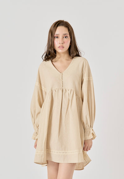 Avenell Beige V Neck Lantern Sleeve Lace Trimming Linen Mini Dress