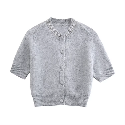 Wigo Gray Knitted Beaded Crew Neck Button Down Short Sleeves Top