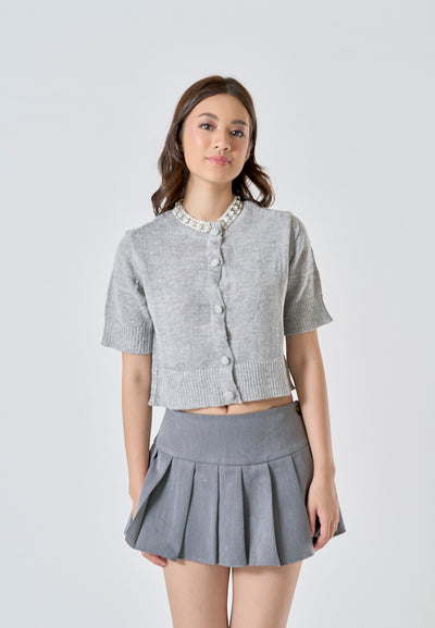 Wigo Gray Knitted Beaded Crew Neck Button Down Short Sleeves Top